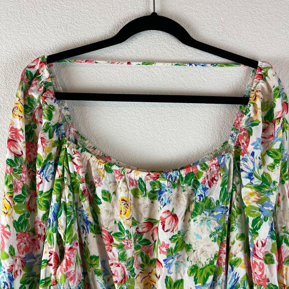 Afrm Cropped Floral Top Womens 1X Pink Green Balloon Long Sleeve Smocked - Picture 4 of 13